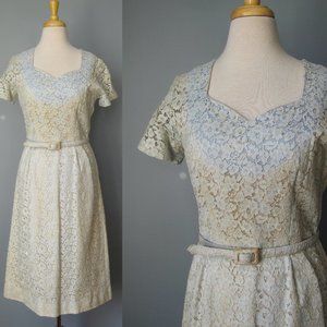 Vintage 50s Lace Dress Very Pale Rhinestone Pearl Blue Evening Dress Short Sleev